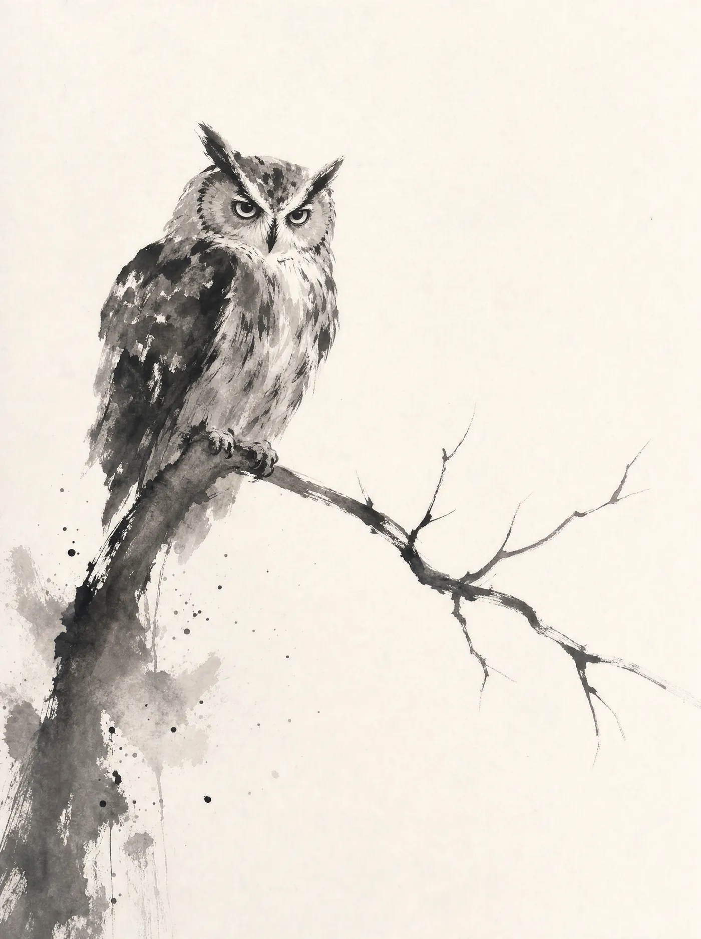 Sumi-e ink wash painting of an owl perched on a bare branch, loose brushstrokes on washi paper